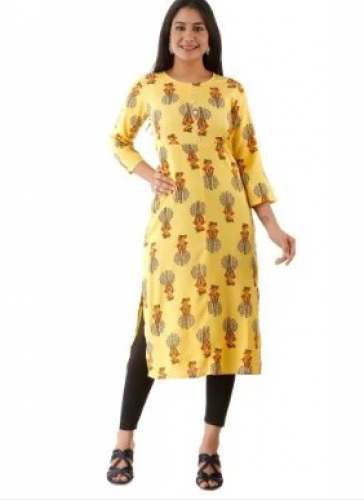 Round Neck Yellow Jaipuri Rayon Kurti  by Yashvi Handicrafts