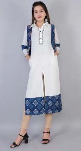 Straight Cotton Kurti With Indigo Jacket  by Yashvi Handicrafts