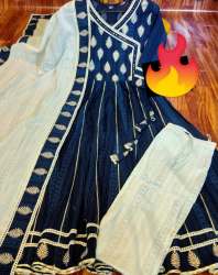 New Blue Angrakha Kurti Pant Set For Ladies