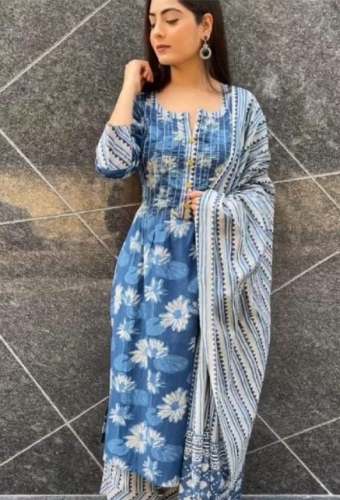 New Blue Printed Kurti Pant Dupatta Set For Women