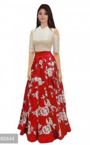Party wear Red and Creme Crop Top Lehenga by Fashion World