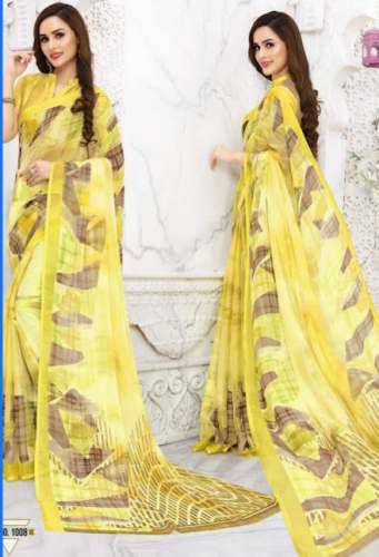 Flowery Printed Yellow Georgette Saree by Saree Palace