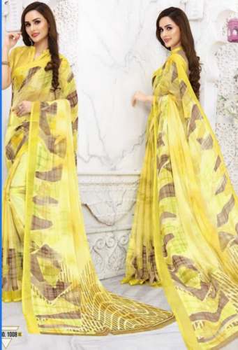 Flowery Printed Yellow Georgette Saree