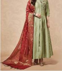 Fancy Long Green Flared Silk Kurti For Ladies
