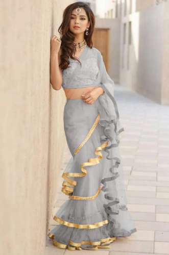 Designer Beautiful Plan Ruffle Saree by Health And Fashion