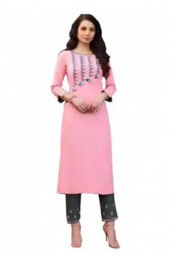 Trendy Pink Kurti With Grey Pant Set 