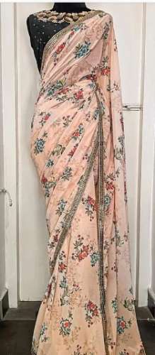 FABZONE Creem Georgette Printed Saree by Madhura Meeenakshi Silks