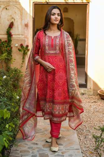 Beautiful Muslin Red Kurti WIth Dupatta Pant Set 