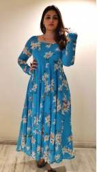 Trendy Sky Blue Digital Print Georgette Gown