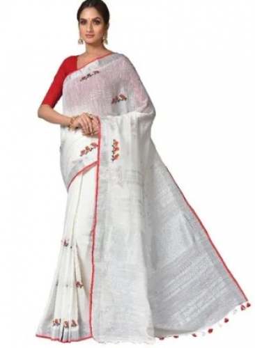 Slab Linen White Designer Embroidered Sarees by Shree Ramdeo Creation