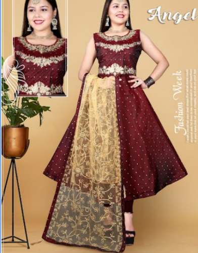 Party Wear Maroon Anarkali Suit  by ANGEL INDUSTRIES