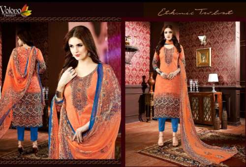 Fancy Collection Orange Printed Churidar Suit by Volono Trendz