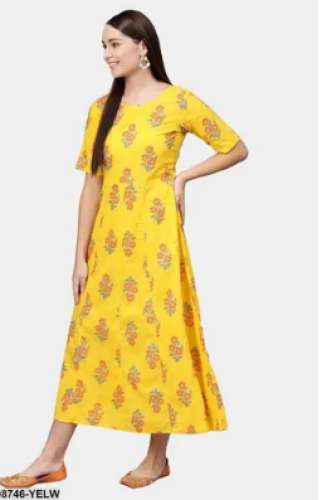 Yellow Printed Maxi Dress  by Bhumi E retail Private Limited