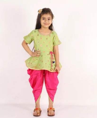 Silk Girls Half Sleeves Printed Dhoti Kurta Set by One Life Creations