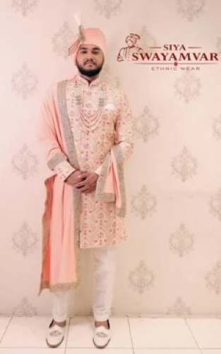 Designer Groom Pink Embroidered Sherwani by Swayamvar