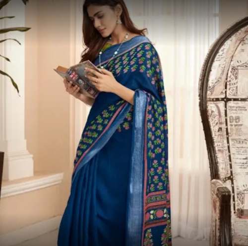New Collection Blue Printed Saree For Ladies