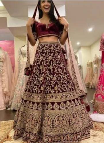 Bridal Wear Velvet Wine Lehenga Choli 