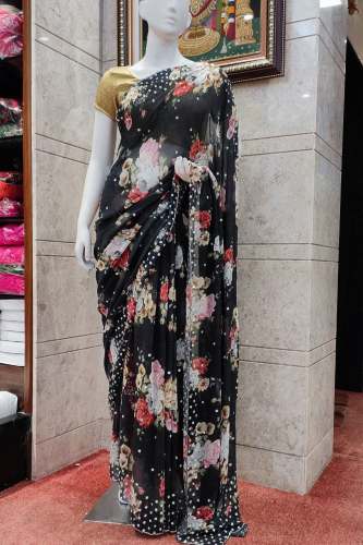 Chinon Saree With Floral Thread Embroidery