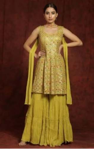 Wedding Wear Rayon Mustard Yellow Sharara Suit by The Amy Collections