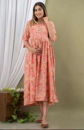 Pink Cotton Printed Maternity Dresses by Designer Bandhej Ensemble
