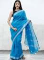 New Sky Blue Linen Saree For Ladies