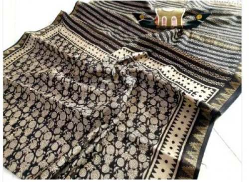 Black N Cream Maheshwari Silk Block Print Saree by Blocks Bagru