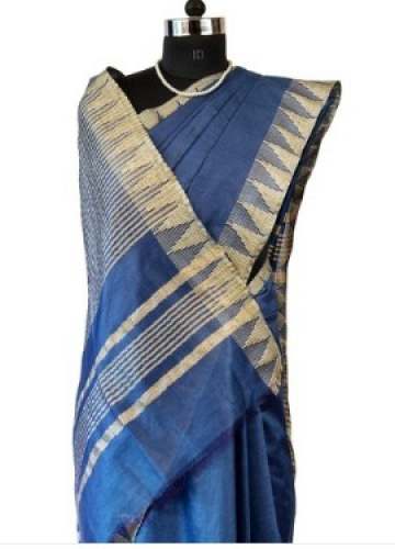 Beautiful Blue Linen Plain Saree by Bunkaartextiles Private Limited