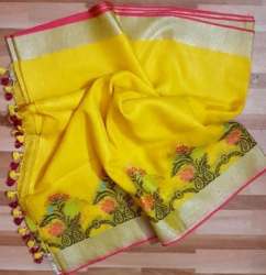 Designer Yellow Handloom Linen Jacquard Saree