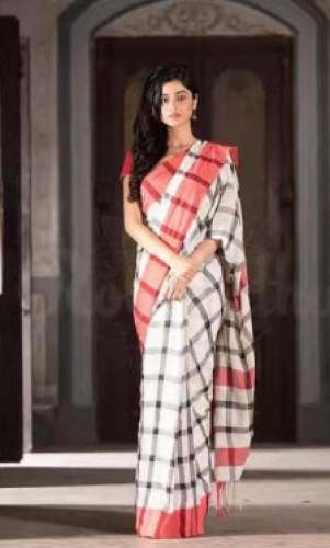 Office Wear White and Black Checks Saree  by Rizwan Sons Handloom