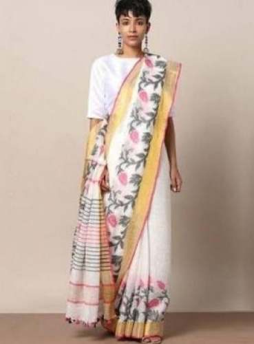 White Jacquard Linen Saree