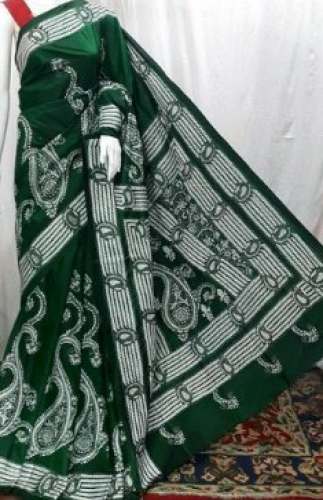 Dark Green Silk Hand Kantha Stitch Saree  by Barsha Silpayan