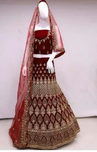 Maroonis Velvet Bridal Lehenga  by Durga Nx