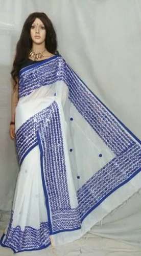 Fancy White Mirror Work Embroidery Saree by Happy Creation