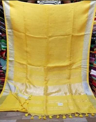 Yellow Linen Silk Plain Saree  by Happy Creation