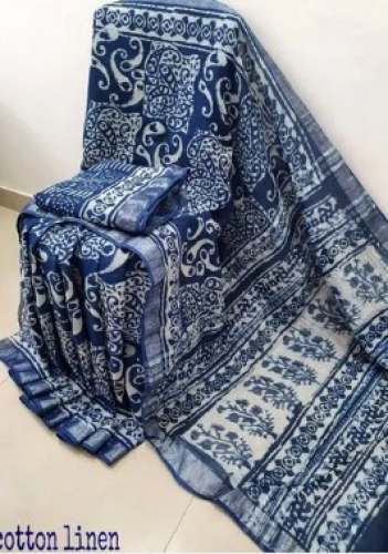 Bagru Printed Indigo Cotton Linen Saree by Indigo Handicraft