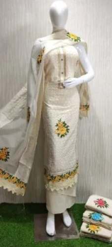Off White Chikan Work Dress Material 