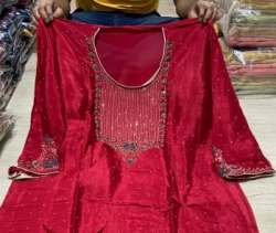 Red Crepe Silk Hand Work Dress Material