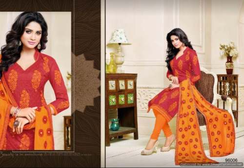 Buy Orange Printed Unstitch Suit For Women