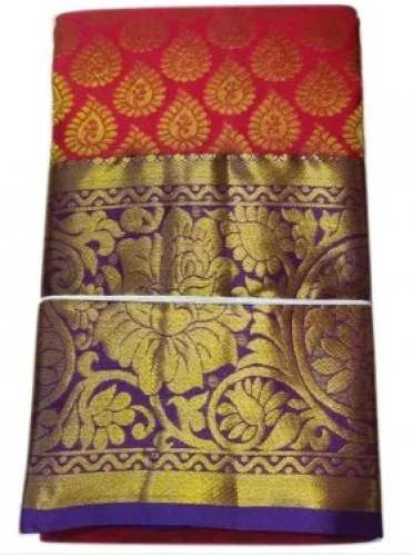 Stylish Red Kanjivaram Polyester Silk Saree by SSP TRADERS