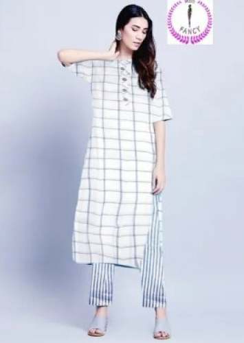 White Checks Cotton Kurti Pant Set 