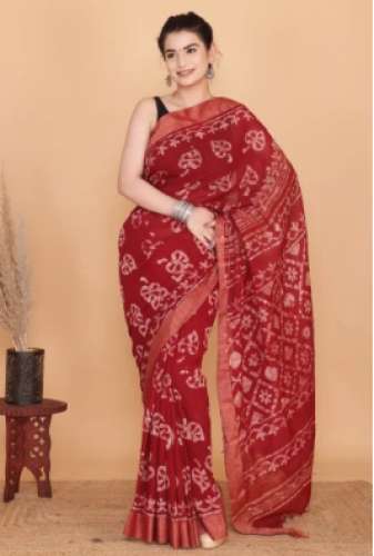 Maroon Cotton Linen Saree by Dosaya Bagru Textiles
