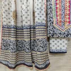 Off White Black Printed Dabu dress Material 