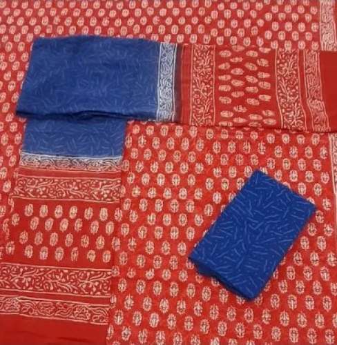 Red and Blue Block Printed Dress Material  by Bhagwati Arts