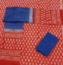 Red and Blue Block Printed Dress Material 