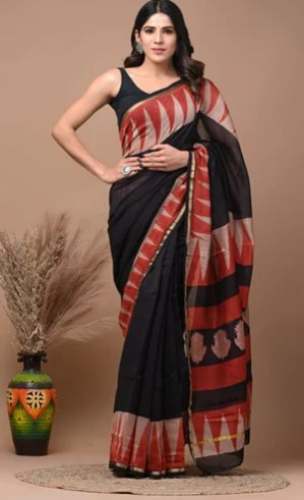 Red and Black Cotton Block Printed Saree  by R P Creation