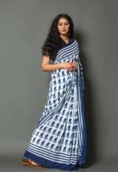 Formal Wear Blue And White Cotton Saree