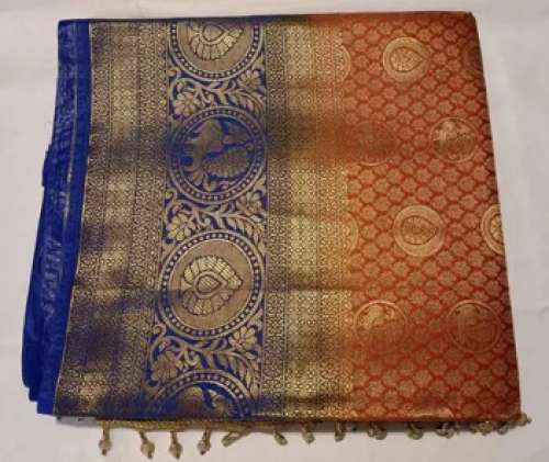 Party Wear Orange and Blue Brocade Silk Saree 