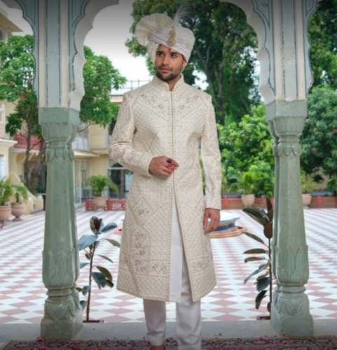 Buy Off White Embroidery Work Sherwani For Mens by Meridian Designers Collection