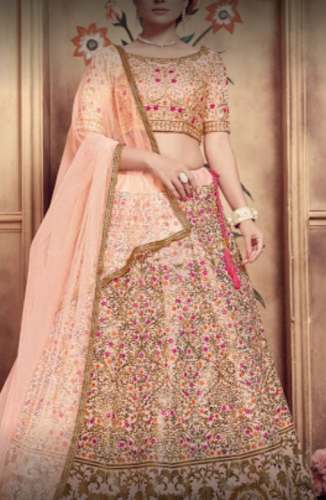 Buy Wedding Peach Embroidery Lehenga Choli by Meridian Designers Collection