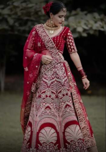 New Red Heavy Embroidery Work Wedding Lehenga by Meridian Designers Collection